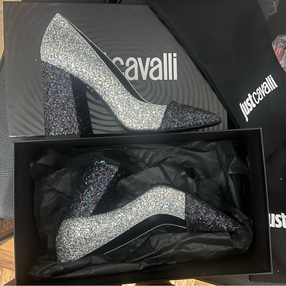 Just Cavalli heels, silver/midnight blue, size 37